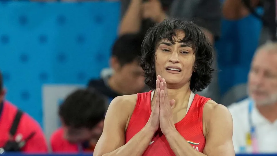 Wrestler Vinesh Phogat celebrates after winning her Women's Freestyle 50kg semi-final wrestling match against Cuba's Yusneylys Guzman Lopez at the 2024 Summer Olympics, in Paris, France, Tuesday, Aug. 6, 2024.