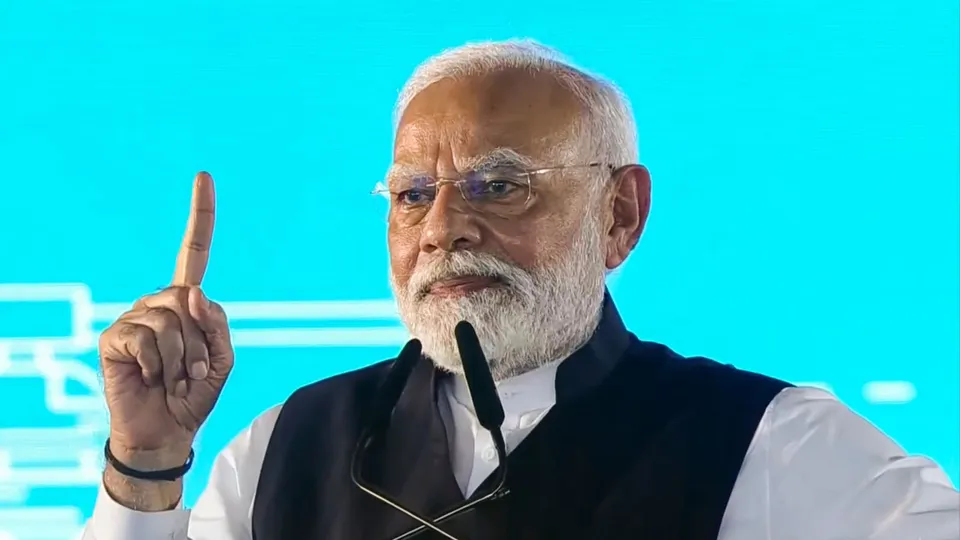 Prime Minister Narendra Modi speaks during laying of the foundation stone of Vadhvan Port and launching of development works, in Palghar district, Friday, Aug 30, 2024.