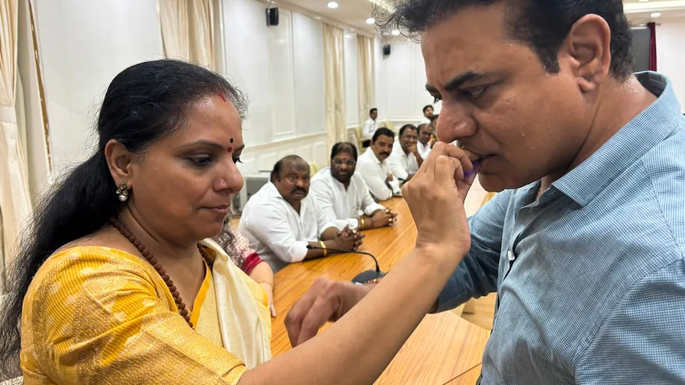 BRS leader K Kavitha after she walked out of Tihar Jail following the Supreme Court's order granting her bail in the excise policy case, at the party office in New Delhi, Tuesday, Aug. 27, 2024.