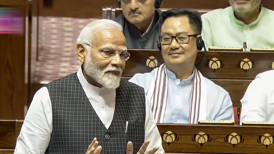 Prime Minister Narendra Modi replies to the Motion of Thanks on the President's Address in the Rajya Sabha during the ongoing Parliament session, in New Delhi, Wednesday, July 3, 2024.