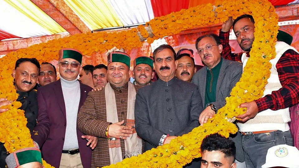 Himachal Pradesh Chief Minister Sukhvinder Singh Sukhu being garlanded during public meeting at Shillai, in Sirmaur district