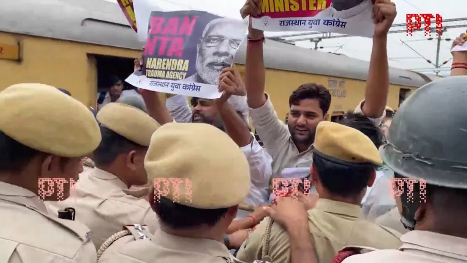 Youth Congress workers hold 'Rail Roko Protest' over the NEET-UG issue in Jaipur, Rajasthan.