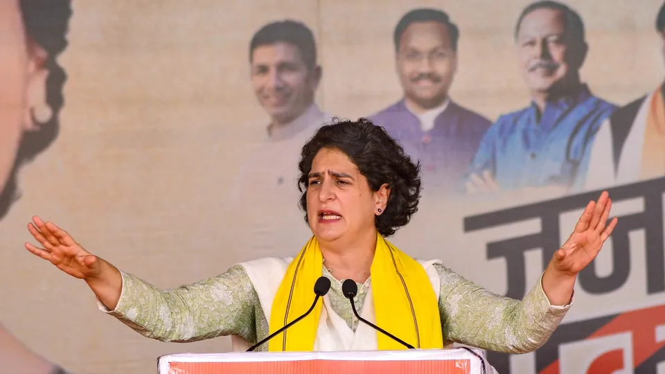 Congress general secretary Priyanka Gandhi addresses a gathering during the party's Jan Aakrosh Yatra, in Mandla district, Madhya Pradesh