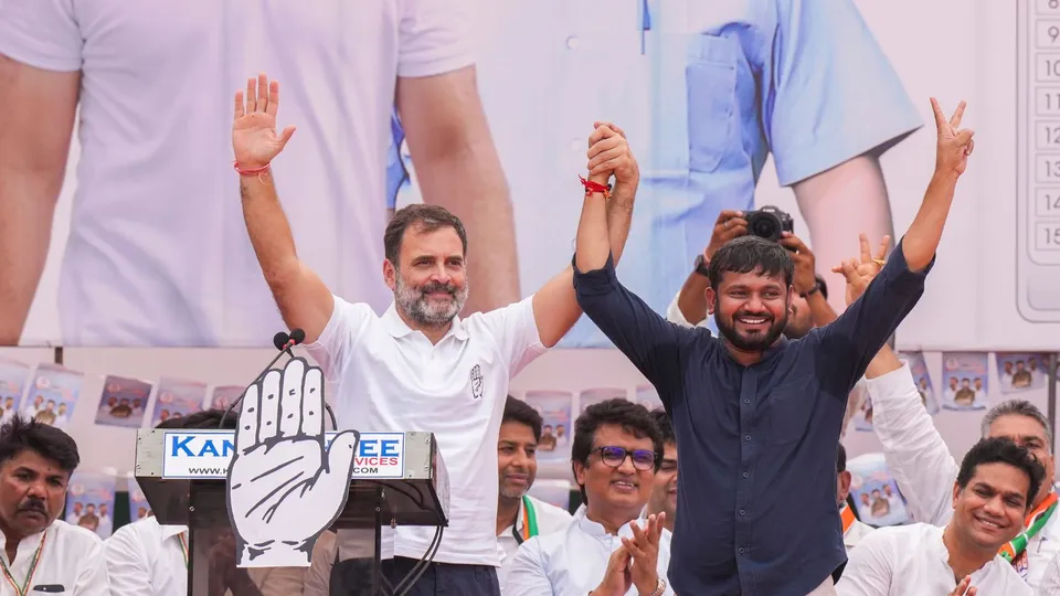 Congress leader Rahul Gandhi with party leader and INDIA bloc candidate from North East Delhi constituency Kanhaiya Kumar during a public meeting for the Lok Sabha elections, in New Delhi, Thursday, May 23, 2024