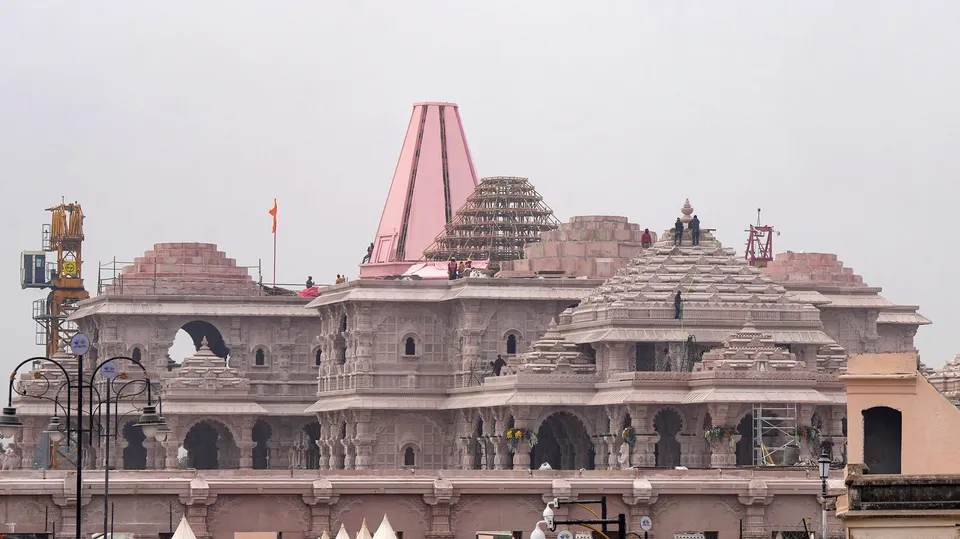 Construction work underway at the Shri Ram Janmabhoomi temple ahead of the consecration ceremony, in Ayodhya