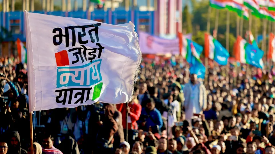 A 'Bharat Jodo Nyay Yatra' flag being waved during its launch, at Khongjom in Thoubal district, Manipu