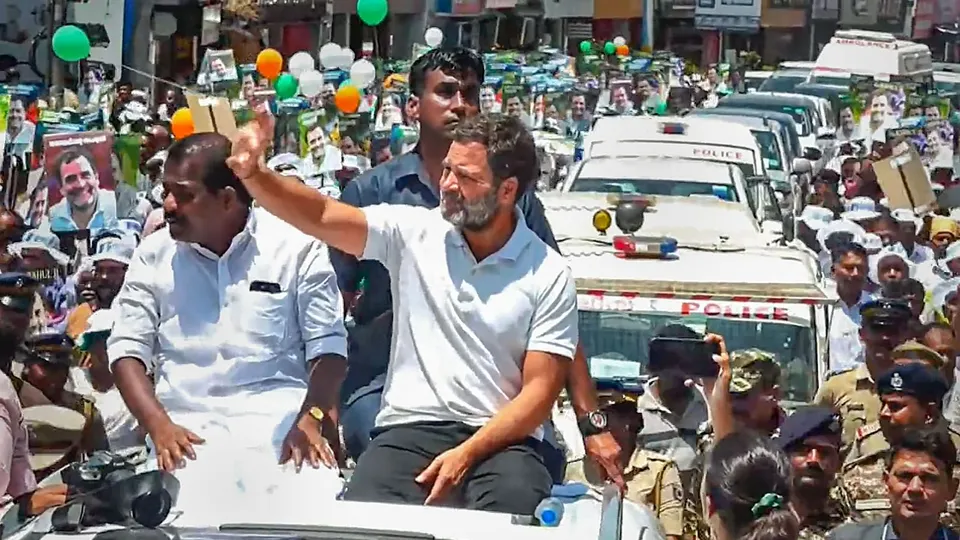 Congress leader Rahul Gandhi duirng an election campaign for the Lok Sabha polls, in Wayanad, Kerala, Monday, April 15, 2024.