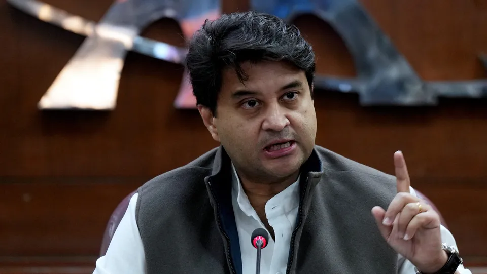 Union Minister for Civil Aviation and Steel Jyotiraditya Scindia addresses a press conference at Rajiv Gandhi Bhawan, in New Delhi