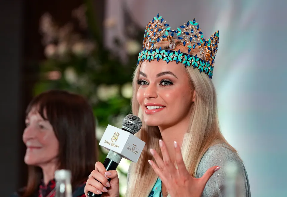  Miss World 2022 Karolina Bielawska speaks during a press conference, organised for the announcement of the 71st Miss World pageant, in New Delhi