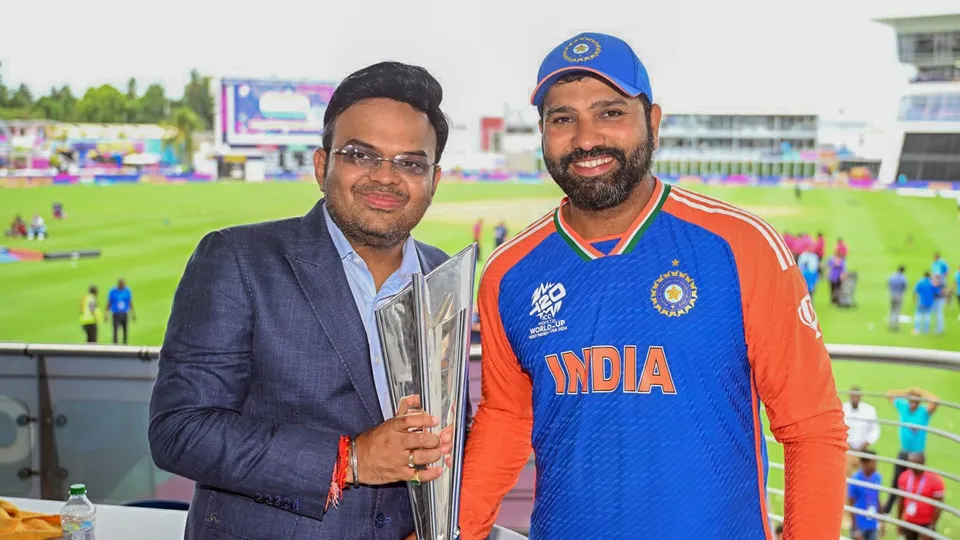 India's captain Rohit Sharma with BCCI Secretary Jay Shah after India defeated South Africa in the ICC Men's T20 World Cup final cricket match, at Kensington Oval, in Bridgetown, Barbados, Sunday, June 30, 2024.
