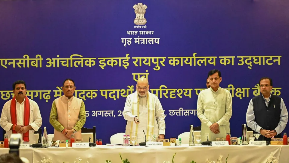 Union Home Minister Amit Shah with Chhattisgarh Chief Minister Vishnu Dev Sai and Union Minister of State for Home Affairs Nityanand Rai during the inauguration of Narcotics Control Bureau's (NCB) zonal unit office, in Raipur, Sunday, Aug. 25, 2024.