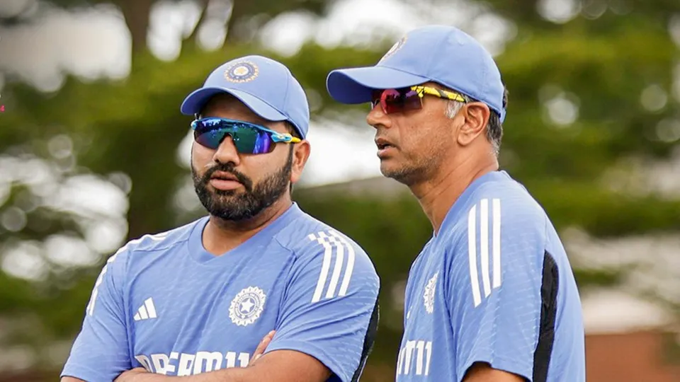 Indian head coach Rahul Dravid and skipper Rohit Sharma during a training session for the T20 World Cup, in New York.