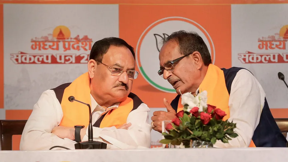 BJP National President JP Nadda with Madhya Pradesh Chief Minister Shivraj Singh Chouban during the release of election manifesto for the state assembly elections, in Bhopal