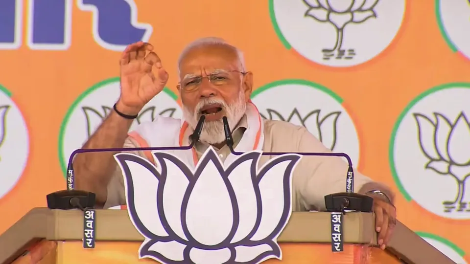Prime Minister Narendra Modi addresses a public meeting ahead of Lok Sabha elections, in Bastar, Chhattisgarh, Monday, April 8, 2024