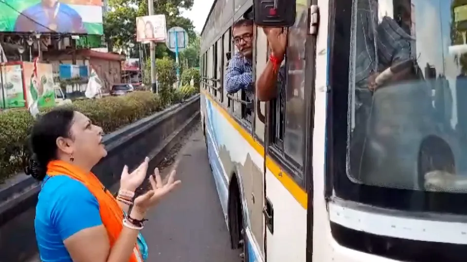 BJP MLA Agnimitra Paul appeals to a bus driver to cooperate during the party's 12-hour general strike in Bengal ('Bengal Bandh') to protest the police action against participants of Tuesday's 'Nabanna Abhijan' rally which was held against the RG Kar incident, in Kolkata, Wednesday, Aug. 28, 2024.
