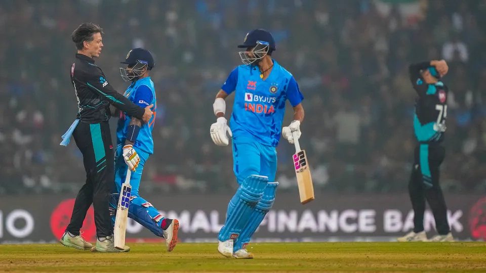Indian batter Suryakumar Yadav and Michael Bracewell during the 2nd T20 cricket match between India and New Zealand at Bharat Ratna Shri Atal Bihari Vajpayee Ekana cricket stadium in Lucknow on Sunday