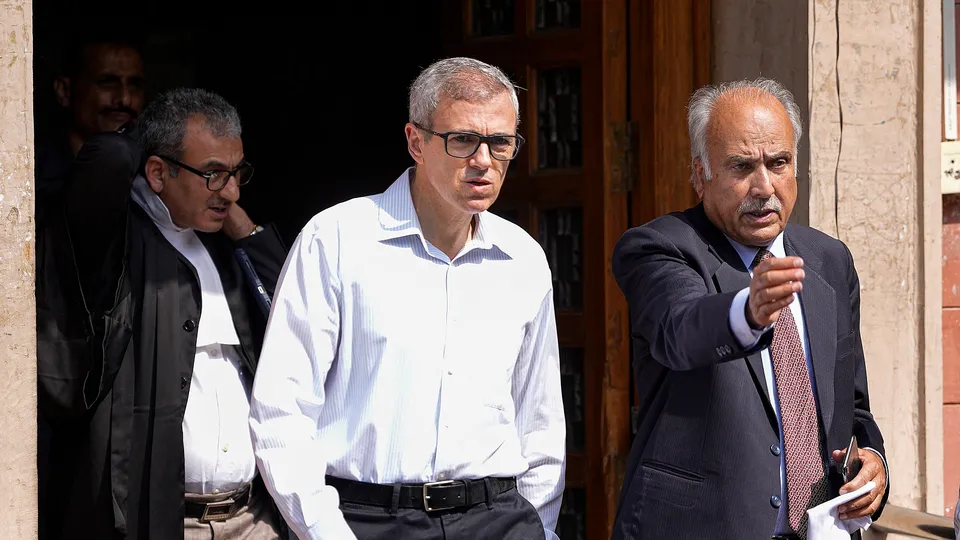 Former J&K chief minister Omar Abdullah and J&K National Conference MP Hasnain Masoodi at the Supreme Court complex, in New Delhi