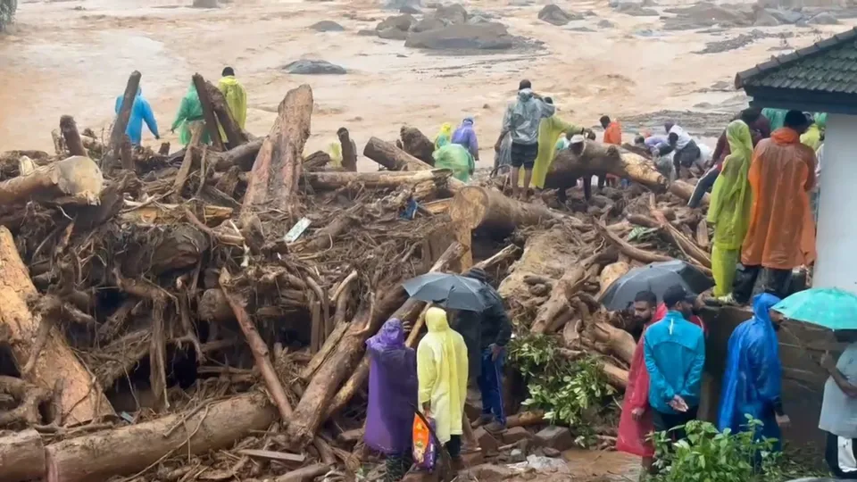 Rescue operation underway after landslides in the hilly areas near Meppadi, in Wayanad district, Kerala, Tuesday, July 30, 2024.