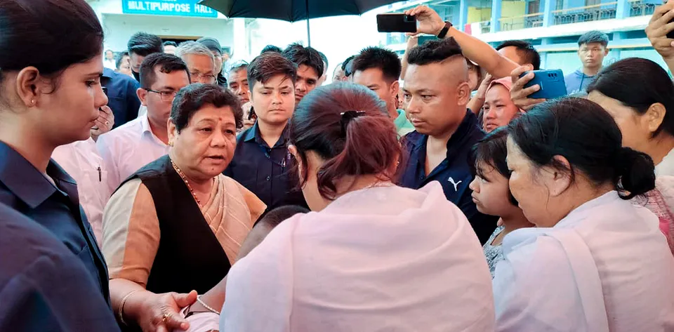 Governor of Manipur Anusuiya Uikey interacts with violence affected people during her visit to different relief centres in Bishnupur and Churachandpur districts