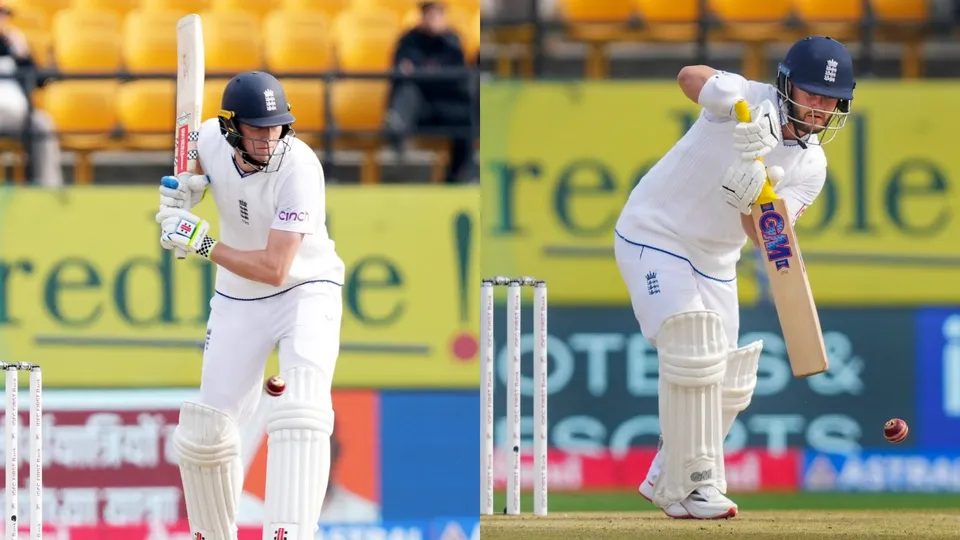 England's batsmen Zak Crawley and Ben Duckett plays a shot during the first day of the fifth Test cricket match between India and England, in Dharamshala