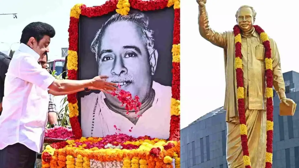 Tamil Nadu Chief Minister M K Stalin offering floral tributes to DMK founder, and the late CN Annadurai in Chennai