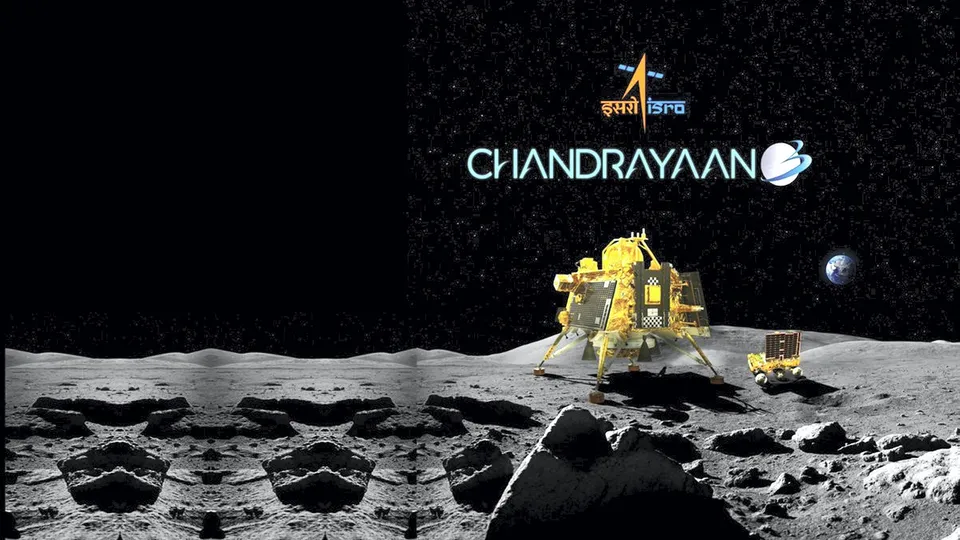 An illustration showing the soft landing of ISRO's 'Chandrayaan-3' on the surface of the moon