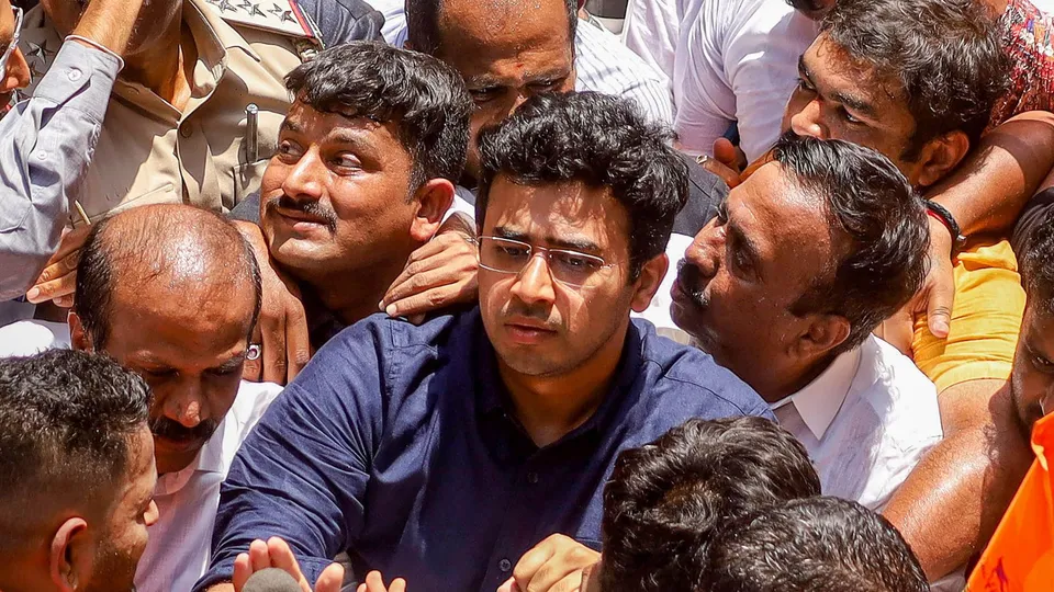 BJP MP Tejasvi Surya takes part in a protest in Bengaluru