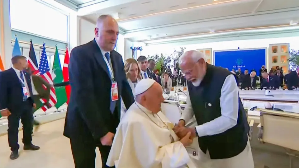 Prime Minister Narendra Modi with Pope Francis during the G7 Summit, in Apulia, Italy, Friday, June 14, 2024.