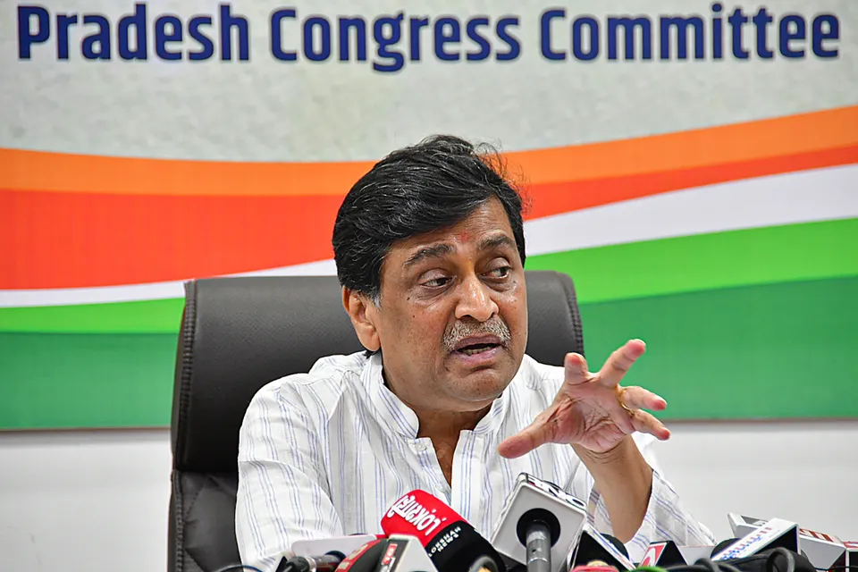 Former Maharashtra Chief Minister Ashok Chavan addresses a press conference, at Tilak Bhavan, in Mumbai