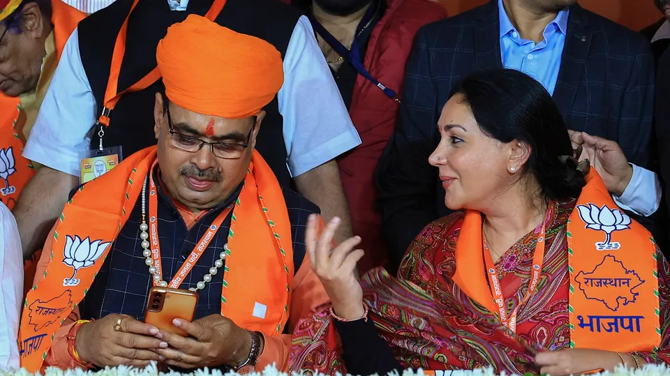 Newly-elected Rajasthan Chief Minister Bhajan Lal Sharma with his deputy Diya Kumari addresses the media after BJP Legislature Party meeting, in Jaipur