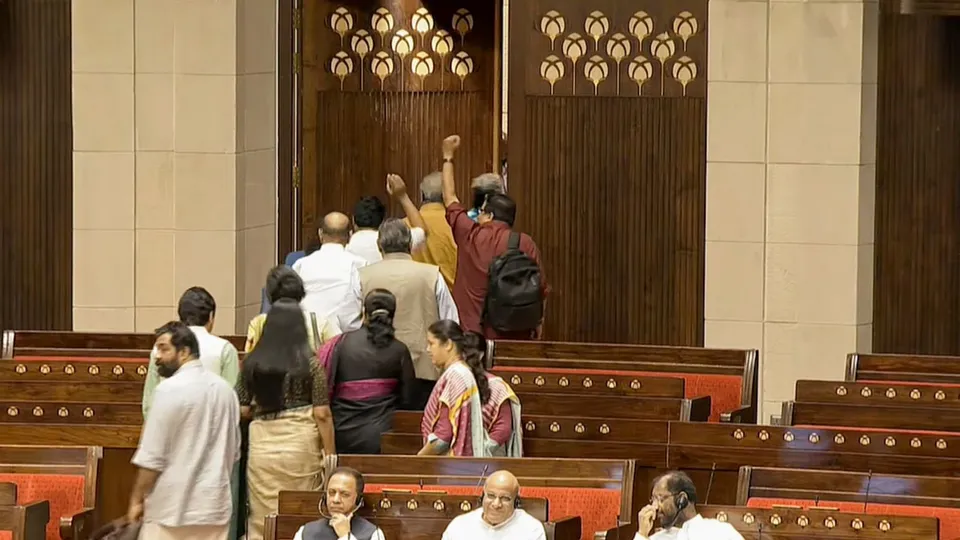Opposition Members walkout of the Rajya Sabha during Prime Minister Narendra Modi's reply to the Motion of Thanks on the President's Address in the House, in New Delhi, Wednesday, July 3, 2024.
