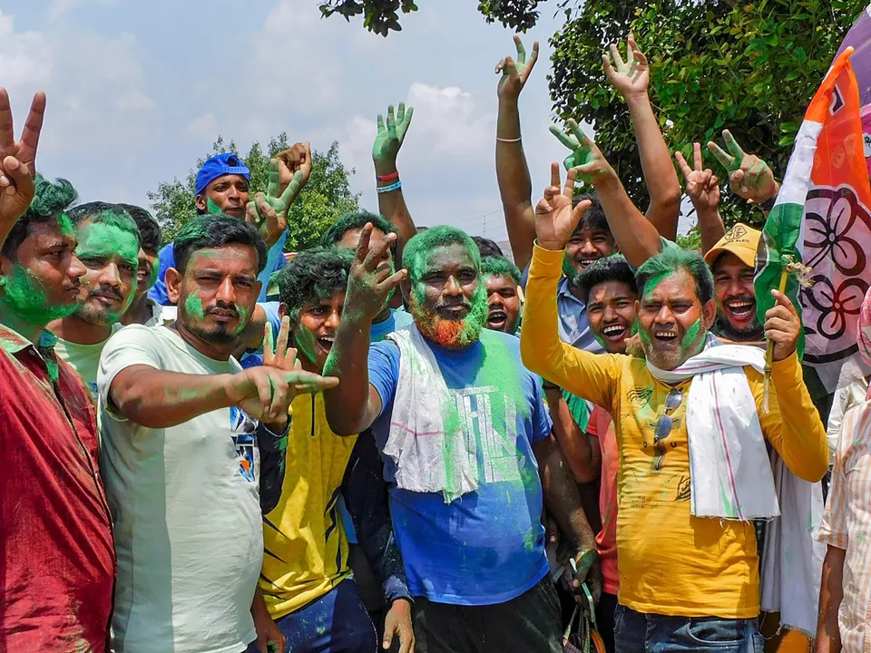 TMC workers and supporters celebrate the party's lead during the counting of votes of the West Bengal panchayat polls, in Bankura district