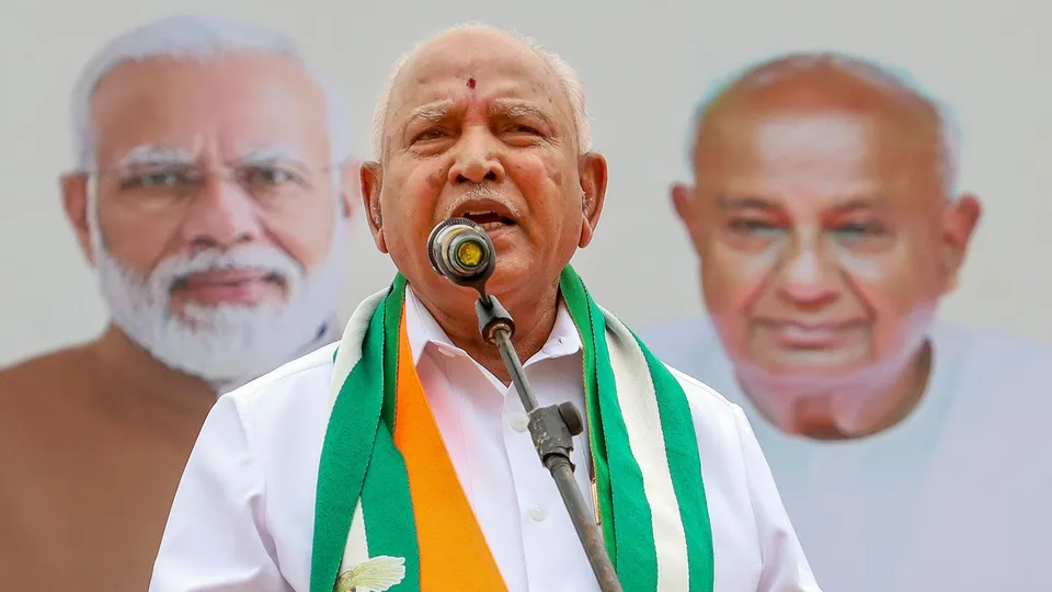 Former Karnataka chief minister BS Yediyurappa addresses 'Mysore Chalo' padayatra against the various alleged scams and corruptions by the state government, in Bengaluru, Saturday, Aug. 3, 2024.