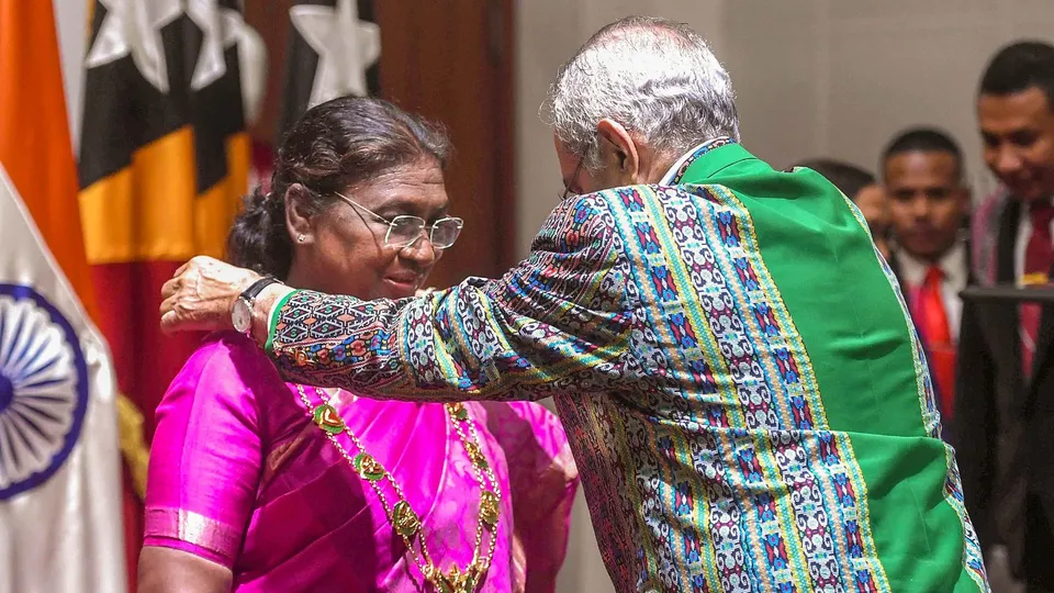 President Droupadi Murmu being conferred with Grand-Collar of the Order of Timor-Leste, the country's highest civilian award by President Jose Ramos-Horta, in Dili.