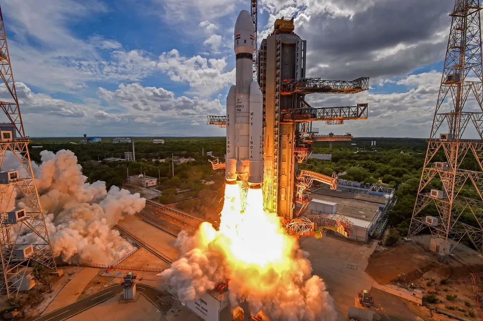 ISRO's Launch Vehicle Mark-III (LVM3) M4 rocket carrying 'Chandrayaan-3' lifts off from the launch pad at Satish Dhawan Space Centre, in Sriharikota