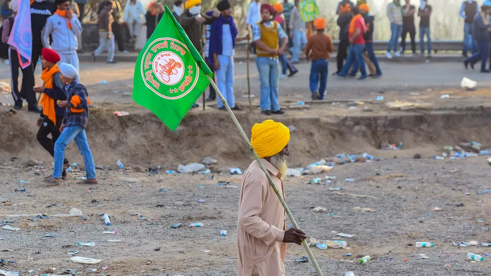 A farmer at the Punjab-Haryana Shambhu border during their protest march, near Ambala
