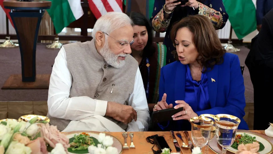 Prime Minister Narendra Modi interacts with Vice President Kamala Harris at the luncheon, at the Department of State in Washington, Friday, June 23