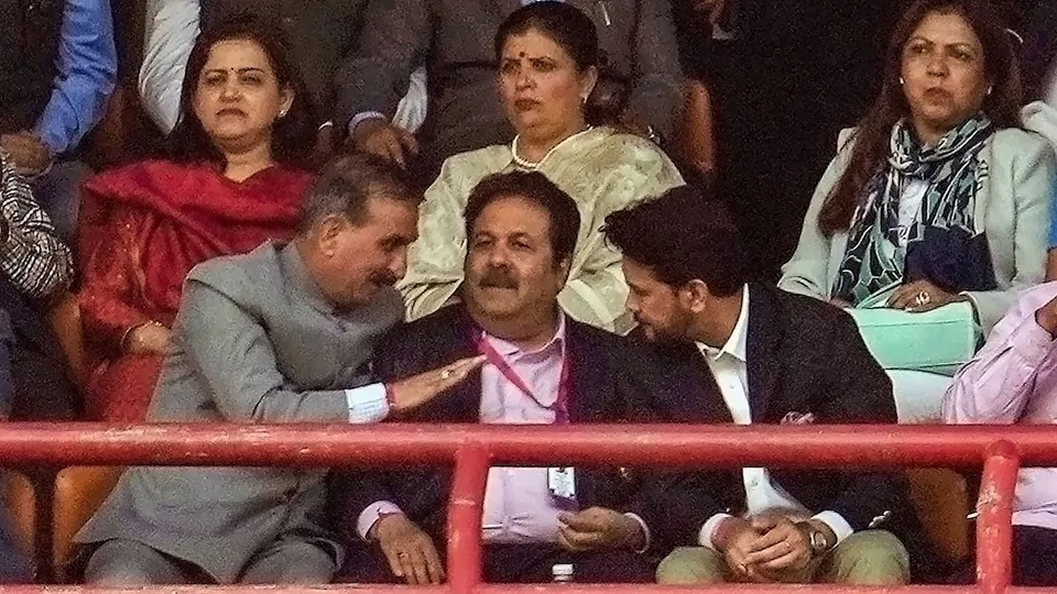Union Minister for Youth Affairs and Sports Anurag Singh Thakur with Himachal Pradesh Chief Minister Sukhvinder Singh Sukhu and BCCI Vice President Rajeev Shukla during the ICC Men's Cricket World Cup 2023 match between India and New Zealand, at the HPCA Stadium in Dharamshala, Sunday, Oct. 22, 2023.