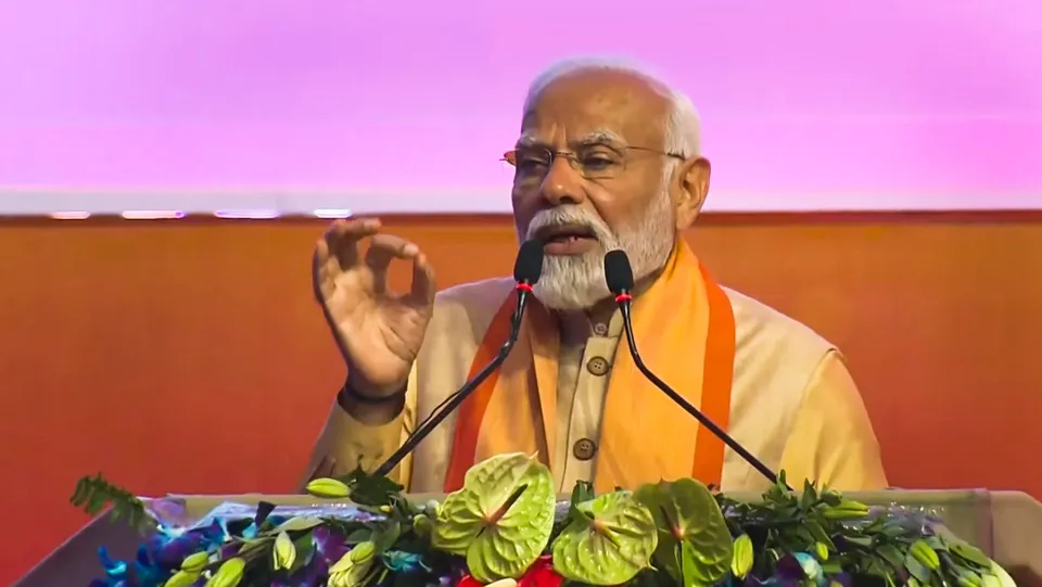 Prime Minister Narendra Modi speaks during the 4th groundbreaking ceremony of UP Global Investors' Summit, in Lucknow
