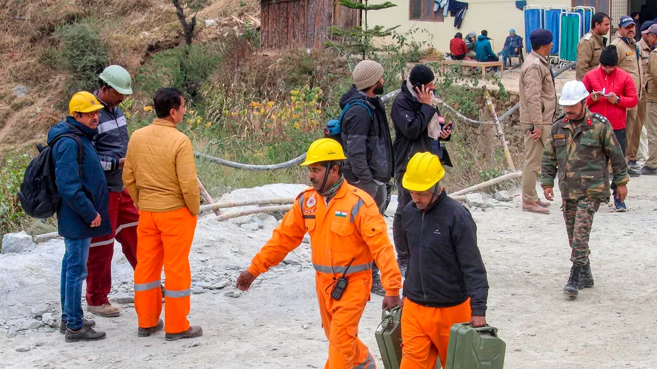 NDRF personnel during a rescue operation to extract 41 workers trapped inside the collapsed Silkyara Tunnel, in Uttarkashi district