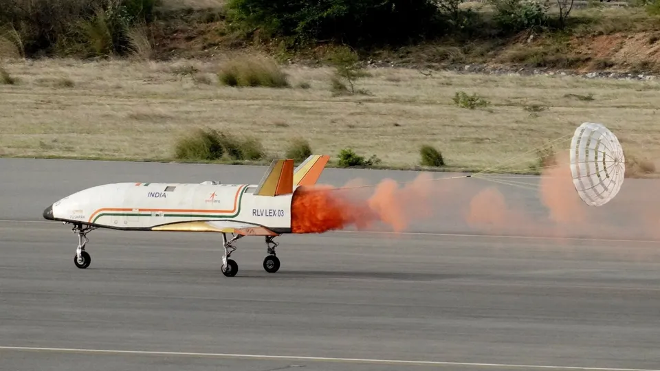 ISRO's Reusable Launch Vehicle (RLV) 'Pushpak' during its Landing EXperiment (LEX), on Sunday, June 23, 2024.