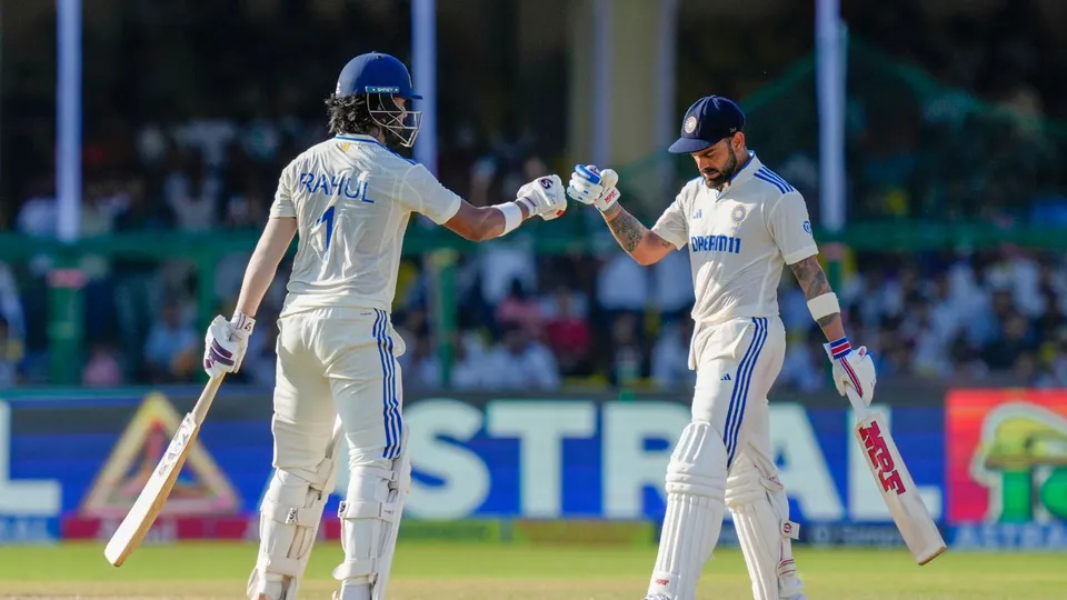 India's batters Virat Kohli and KL Rahul during the fourth day of the 2nd Test cricket match between India and Bangladesh, at the Green Park stadium, Kanpur, Monday, Sept. 30, 2024.