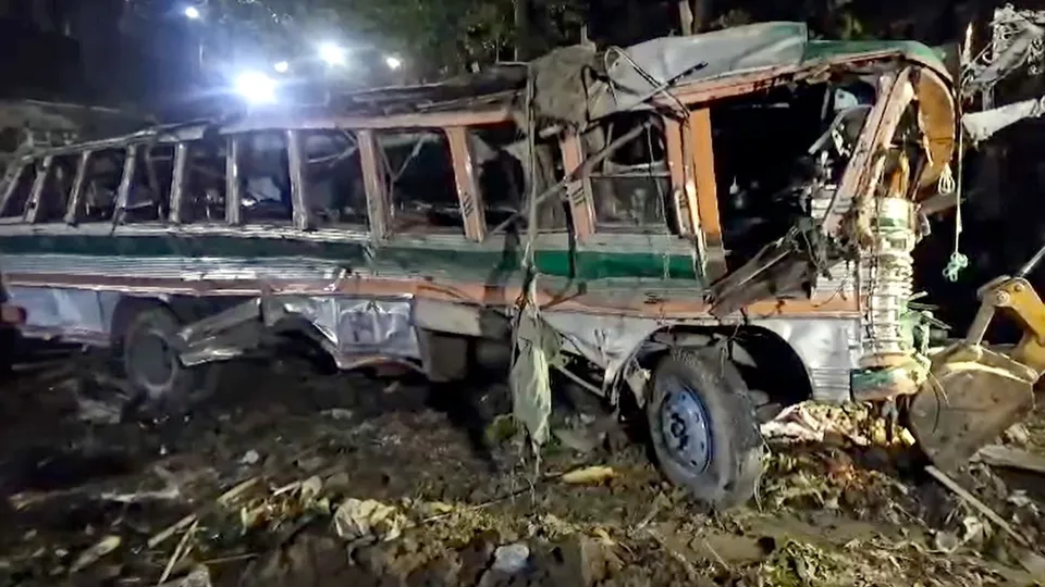 Wreckage of the bus which was carrying BSF personnel for election duty, after it fell into a gorge near Brel of Watarhaal, in Budgam district of central Kashmir, Friday, Sept. 20, 2024. 