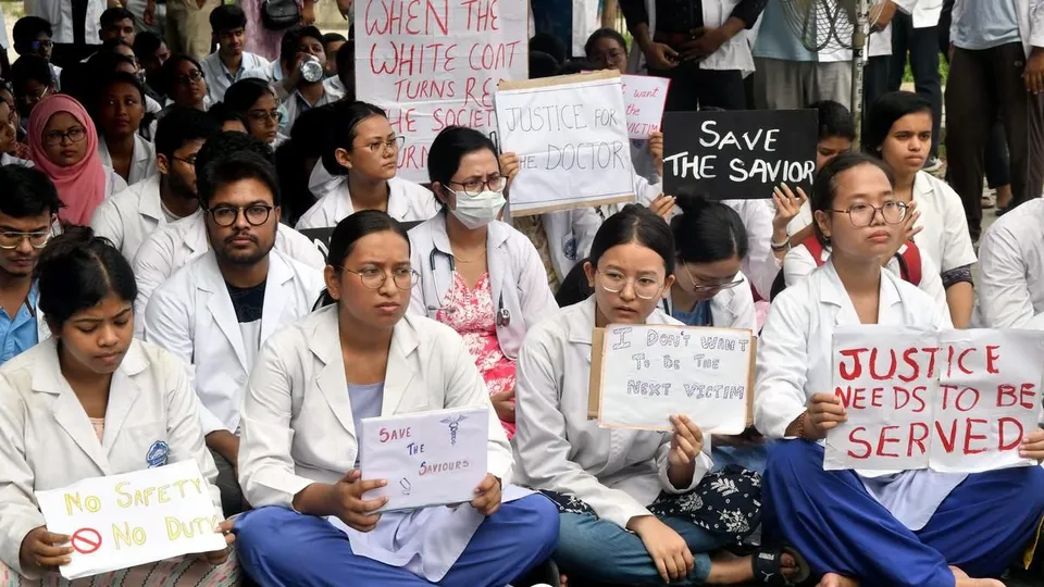 Resident doctors and medical students stage a protest against the sexual assault and murder of a postgraduate trainee doctor in Kolkata, at Gauhati Medical College and Hospital, in Guwahati