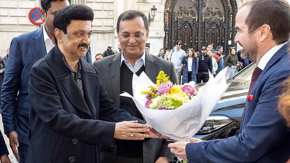Tamil Nadu Chief Minister M K Stalin being welcomed in the presence of Dinesh K. Patnaik, Ambassador of India to Spain, on his arrival in Madrid on Monday. 