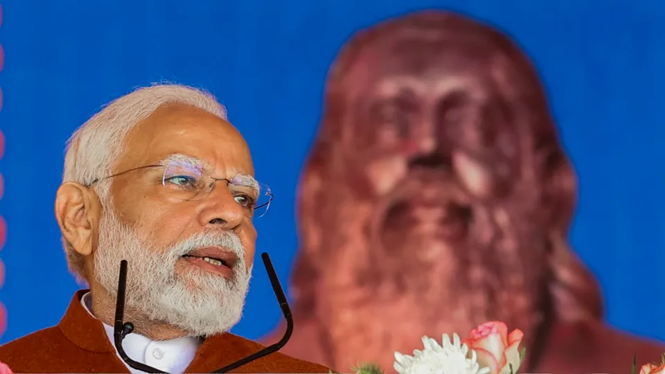 Prime Minister Narendra Modi speaks during the 'Prakash Parv' of Guru Ravidas Ji in Seer Goverdhanpur, in Varanasi