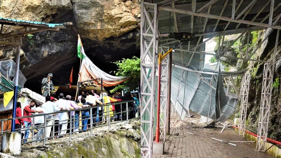 A collapsed structure on a track to the Vaishno Devi shrine following a landslide, in Reasi district, Monday, Sept. 2, 2024.