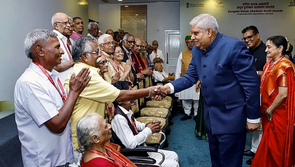 Vice President Jagdeep Dhankhar with awardees during the Sangeet Natak Akademi Amrit Awards, in New Delhi, Saturday