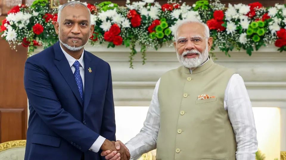 Prime Minister Narendra Modi with President of Maldives Mohamed Muizzu during a meeting at Hyderabad House, in New Delhi, Monday, Oct. 7, 2024.