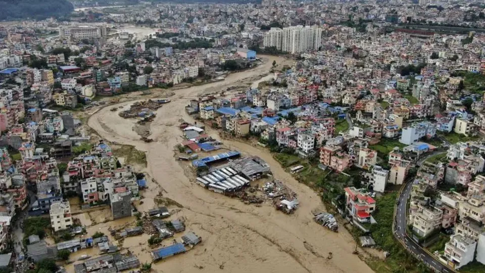 In this aerial image of the Kathmandu valley, Bagmati River is seen in flood due to heavy rains in Kathmandu, Nepal